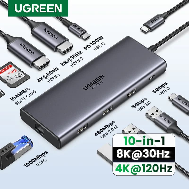 האב USB-C של UGREEN ‎10-in-1 עם HDMI כפול ו-PD 100W